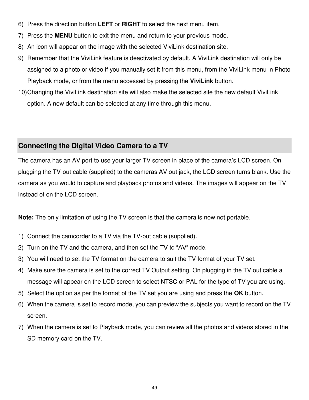 Vivitar DVR 1020HD user manual Connecting the Digital Video Camera to a TV 