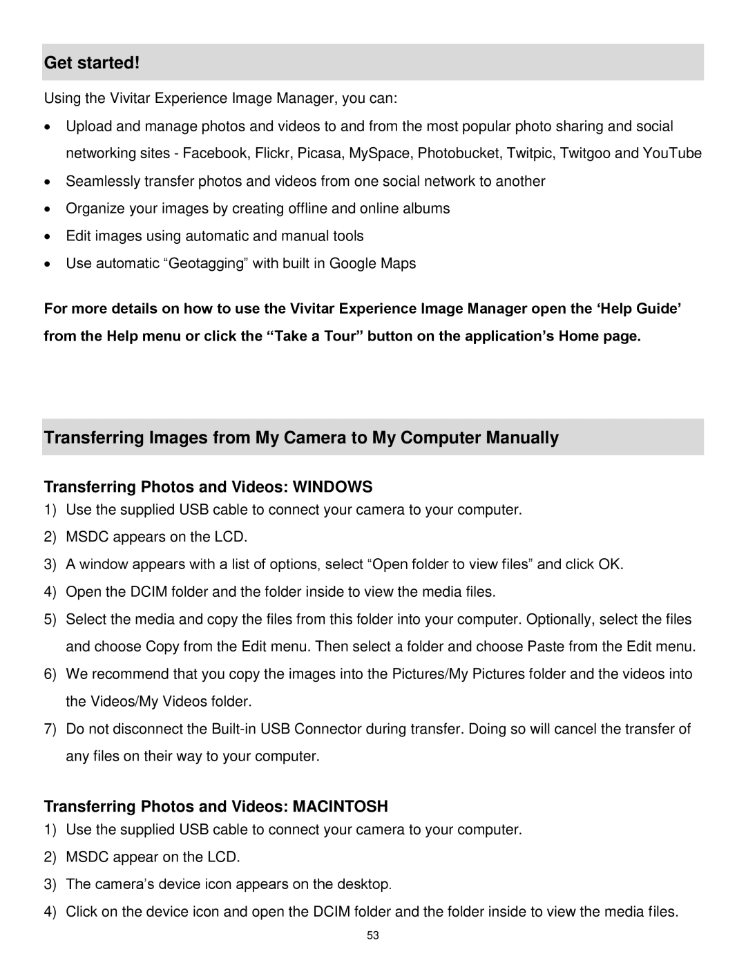 Vivitar DVR 1020HD user manual Get started, Transferring Images from My Camera to My Computer Manually 