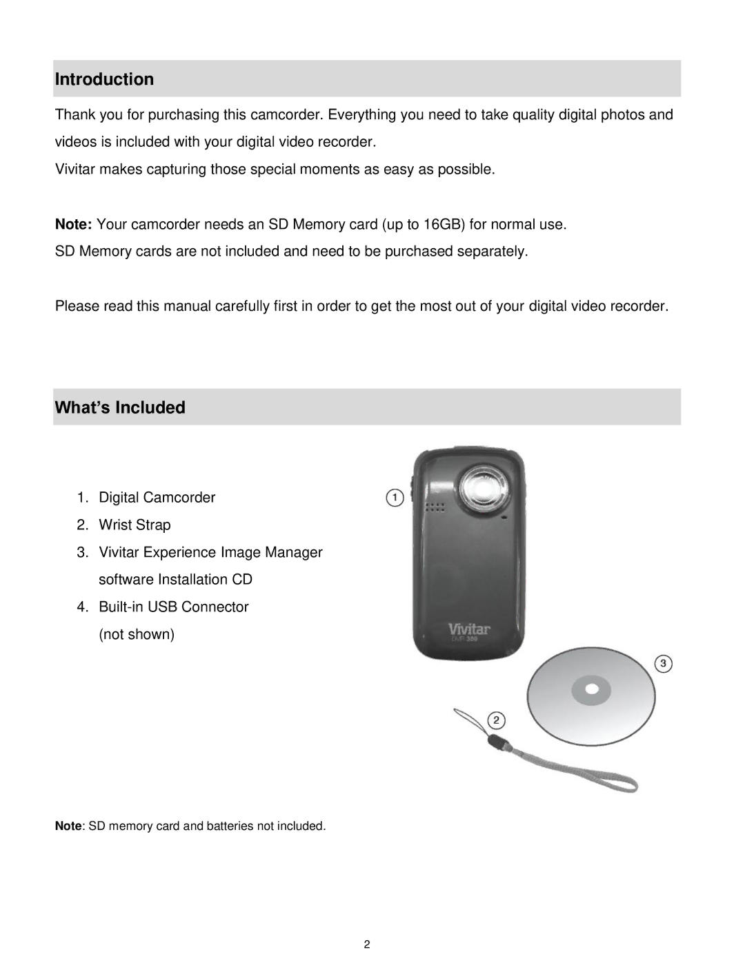 Vivitar DVR 380 user manual Introduction, What’s Included 