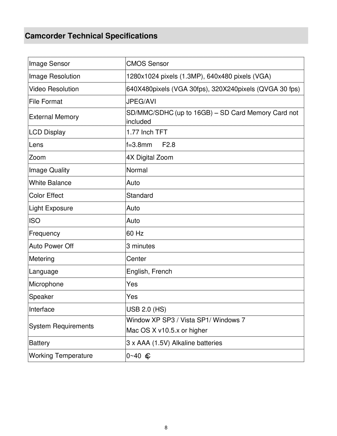 Vivitar DVR 380 user manual Camcorder Technical Specifications, Jpeg/Avi 