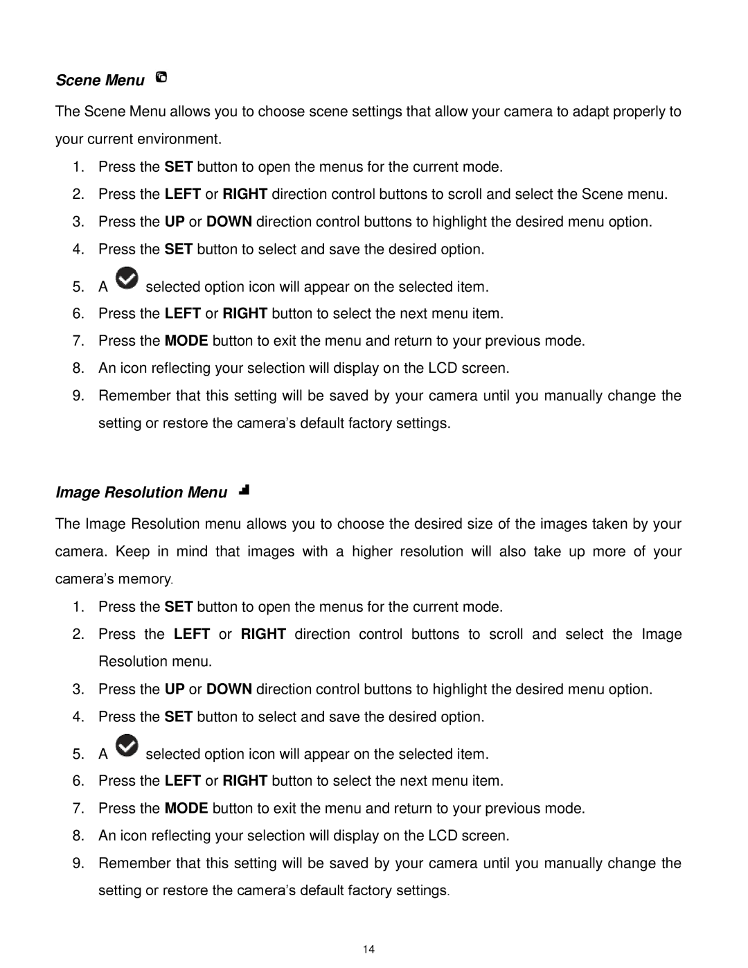 Vivitar DVR560-PNK, DVR 560 user manual Scene Menu, Image Resolution Menu 