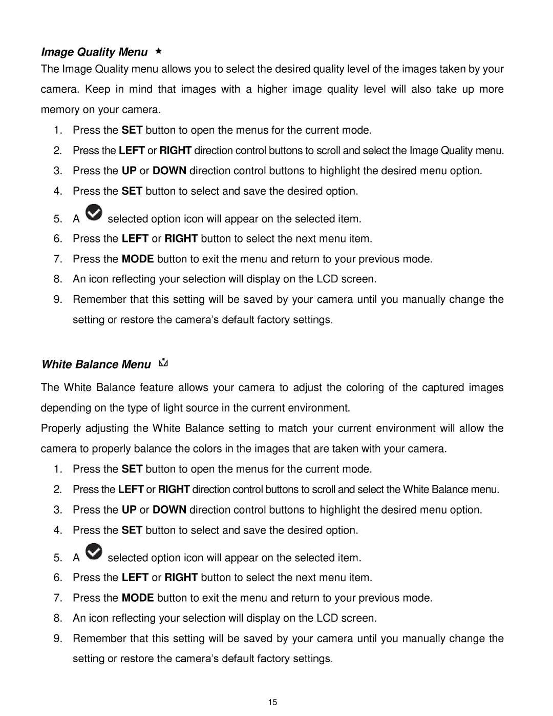 Vivitar DVR 560, DVR560-PNK user manual Image Quality Menu, White Balance Menu 