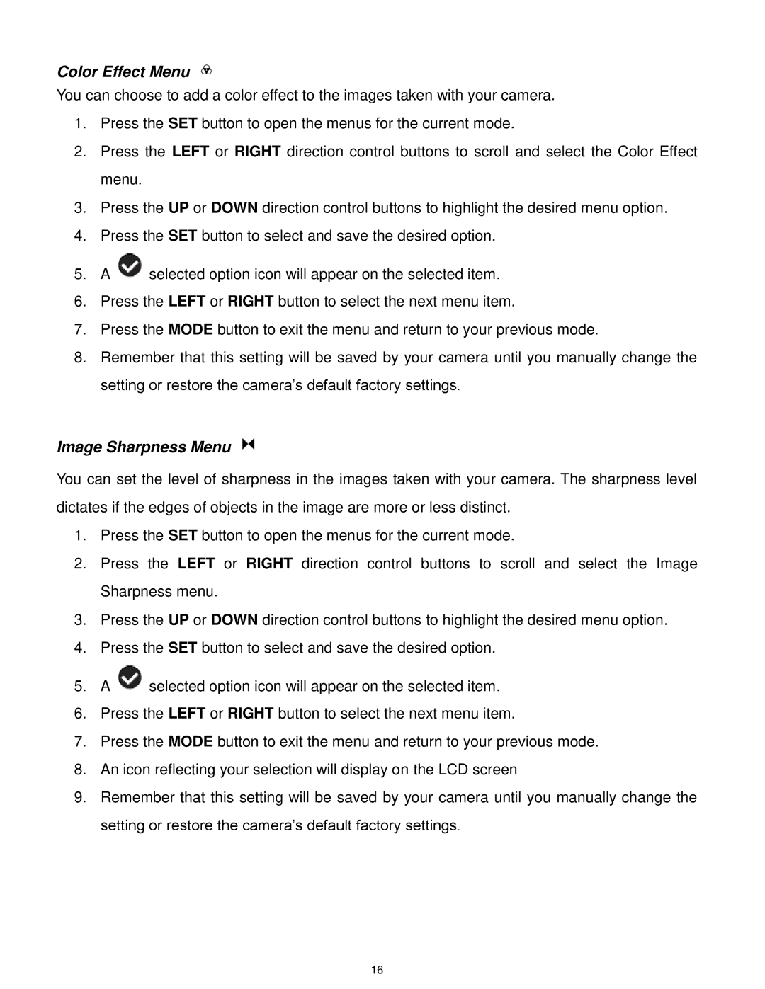 Vivitar DVR560-PNK, DVR 560 user manual Color Effect Menu, Image Sharpness Menu 