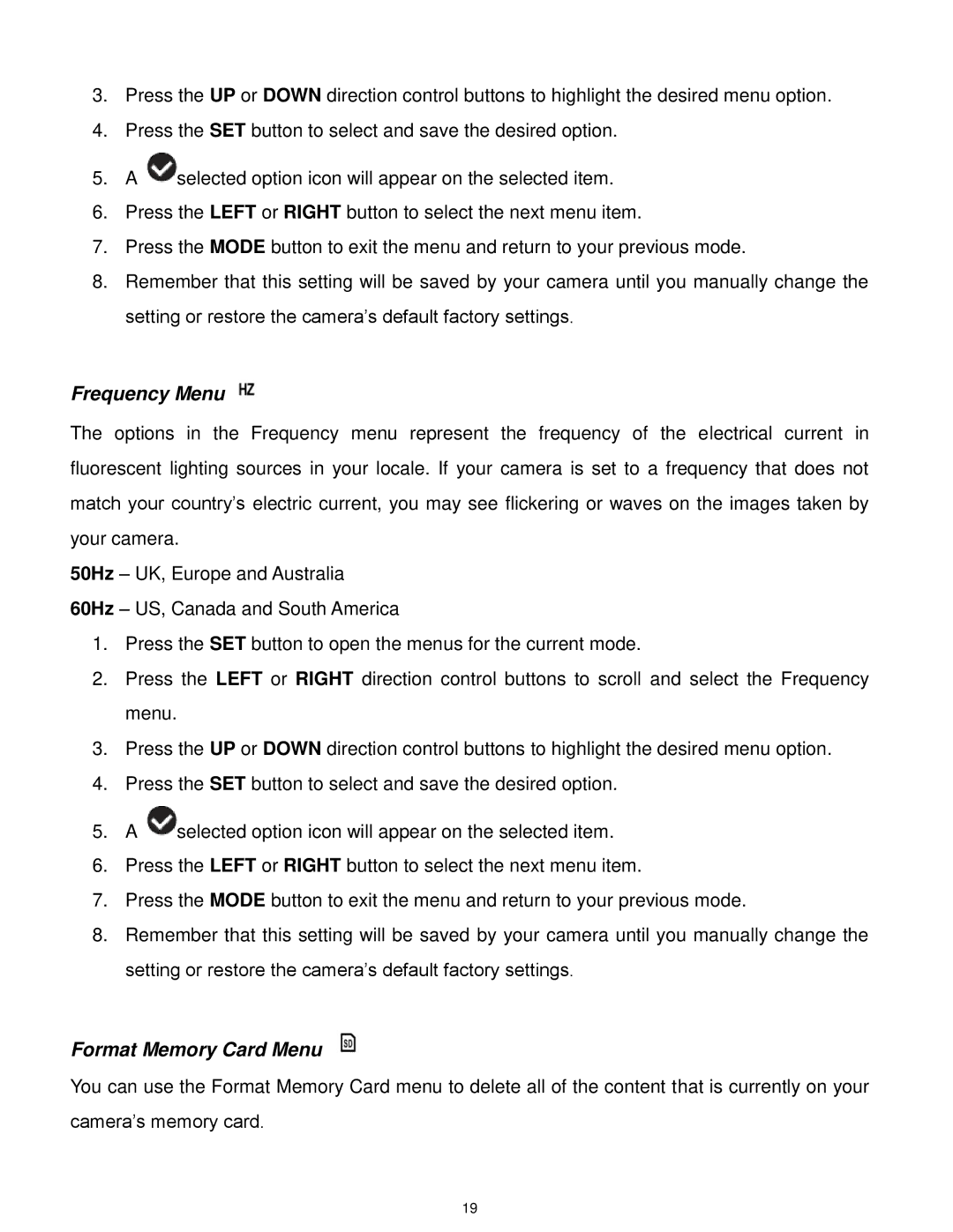 Vivitar DVR 560, DVR560-PNK user manual Frequency Menu, Format Memory Card Menu 