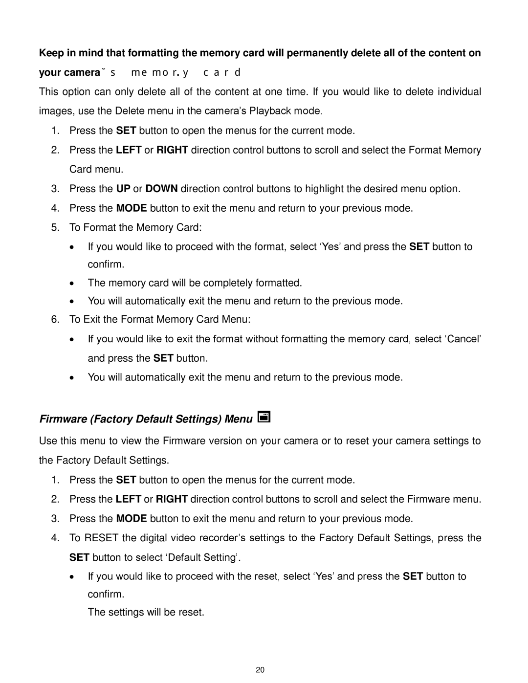 Vivitar DVR560-PNK, DVR 560 user manual Firmware Factory Default Settings Menu 