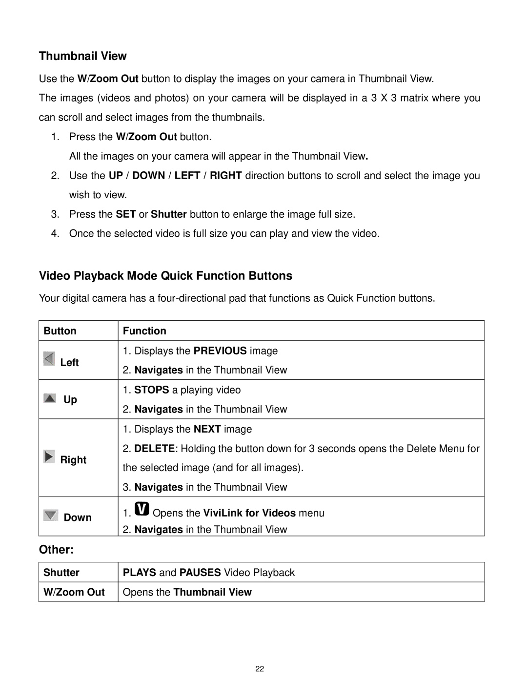 Vivitar DVR560-PNK, DVR 560 user manual Thumbnail View, Video Playback Mode Quick Function Buttons, Other 