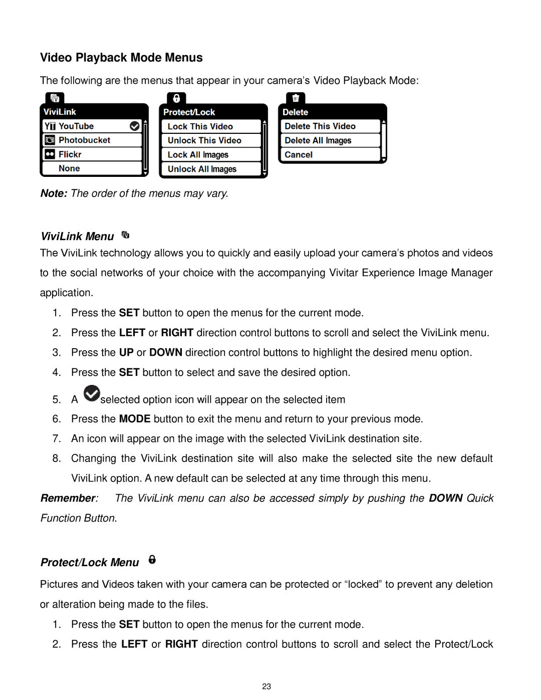 Vivitar DVR 560, DVR560-PNK user manual Video Playback Mode Menus, ViviLink Menu, Protect/Lock Menu 