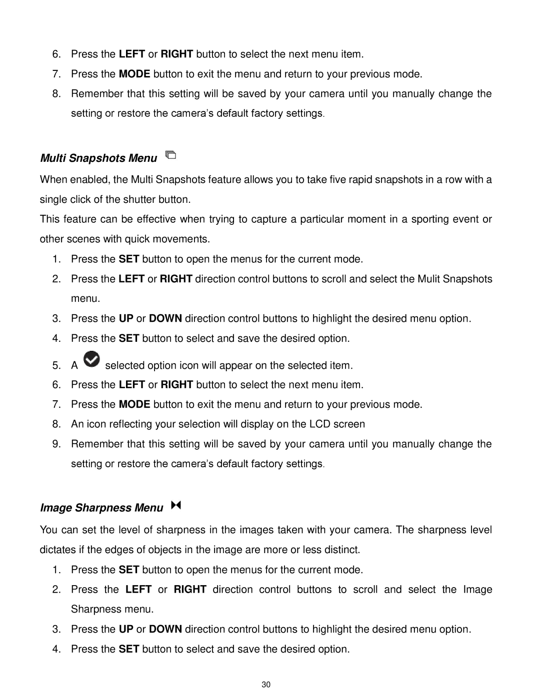 Vivitar DVR560-PNK, DVR 560 user manual Multi Snapshots Menu, Image Sharpness Menu 