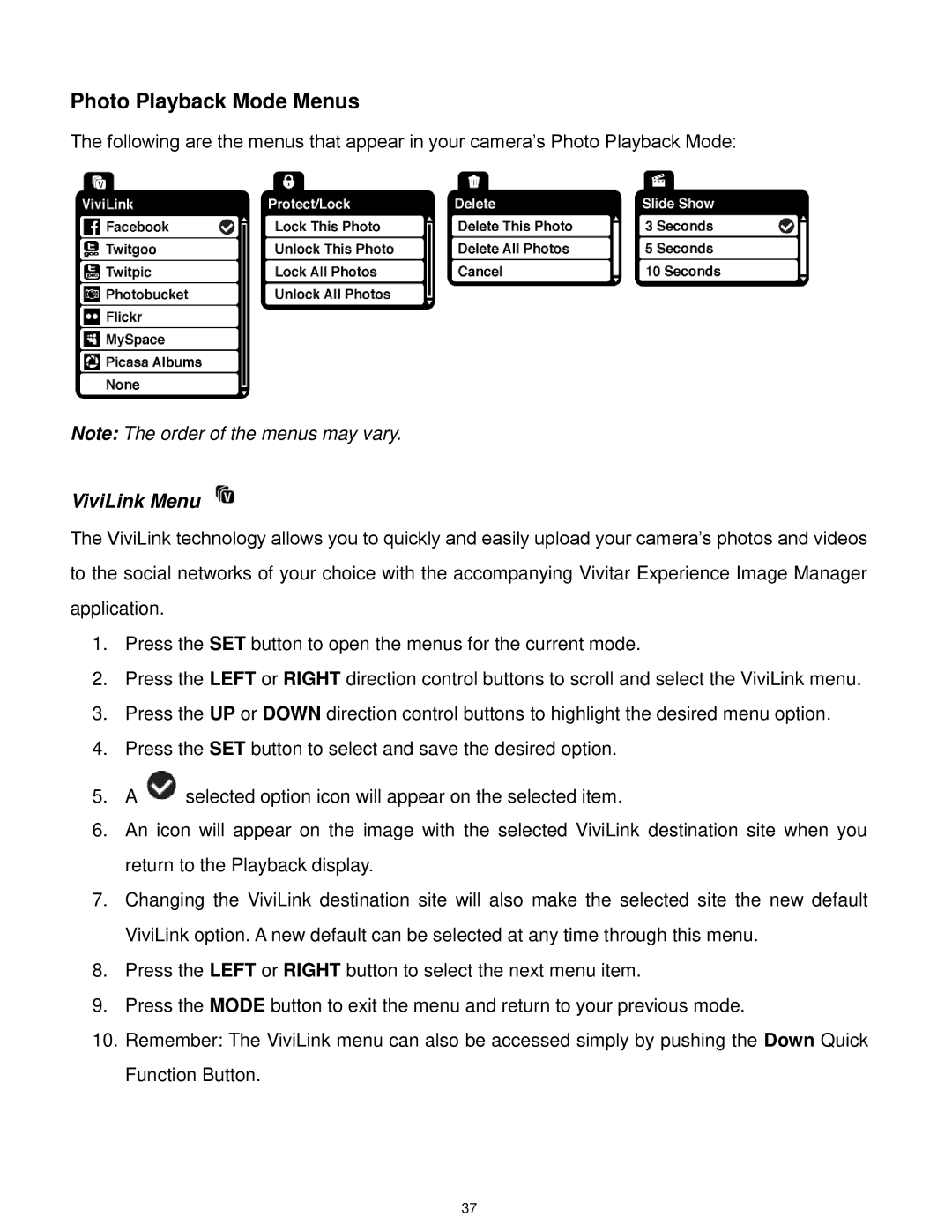 Vivitar DVR 560, DVR560-PNK user manual Photo Playback Mode Menus, ViviLink Menu 