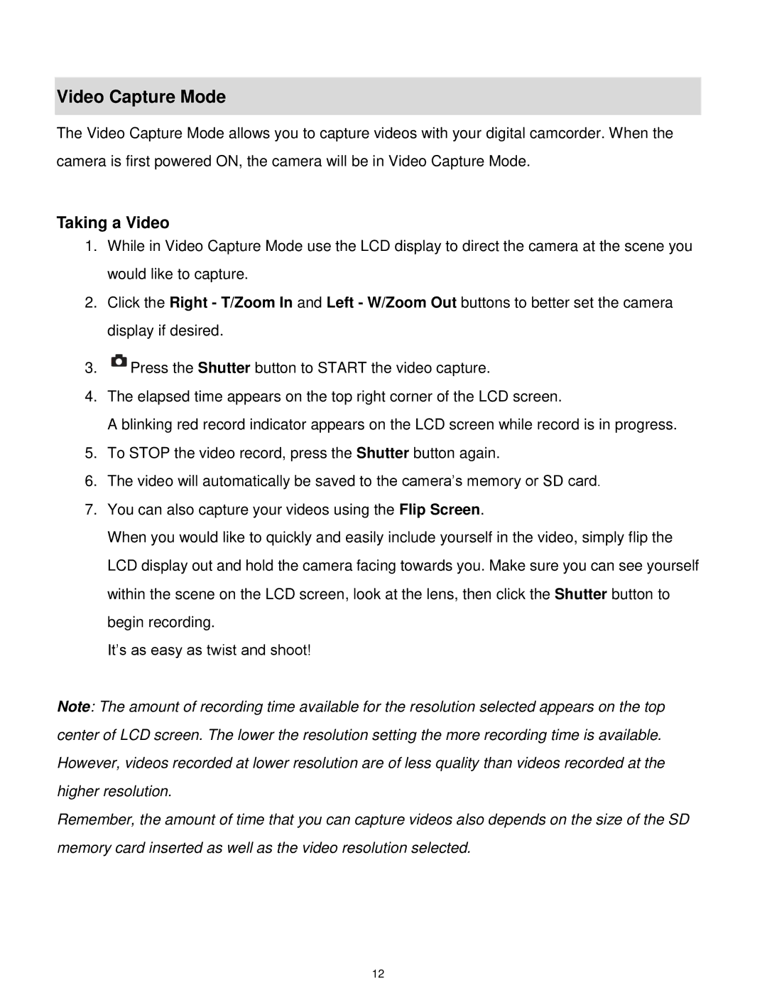 Vivitar DVR 610 user manual Video Capture Mode, Taking a Video 