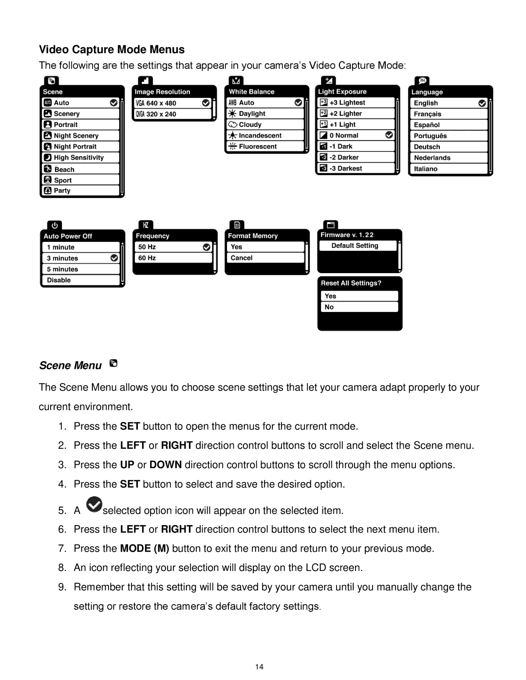 Vivitar DVR 610 user manual Video Capture Mode Menus, Scene Menu 