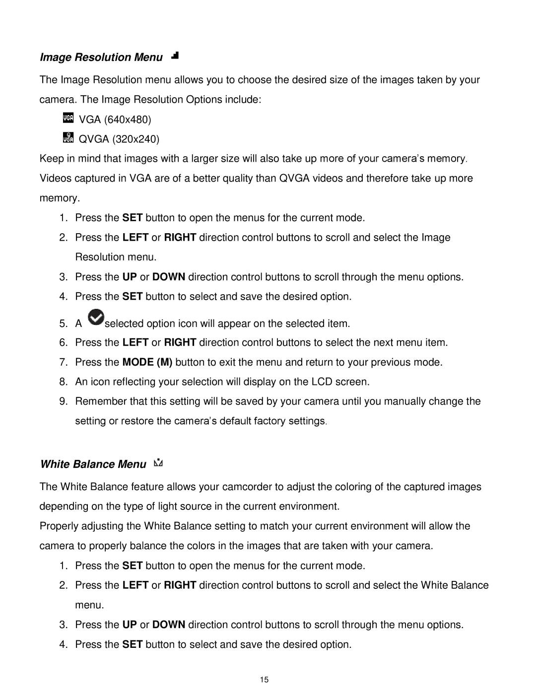 Vivitar DVR 610 user manual Image Resolution Menu, White Balance Menu 