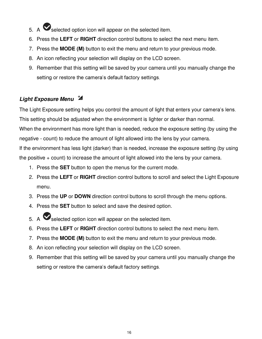 Vivitar DVR 610 user manual Light Exposure Menu 