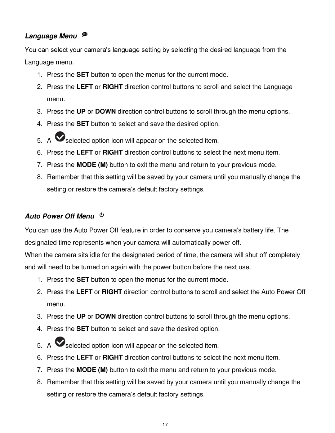 Vivitar DVR 610 user manual Language Menu, Auto Power Off Menu 