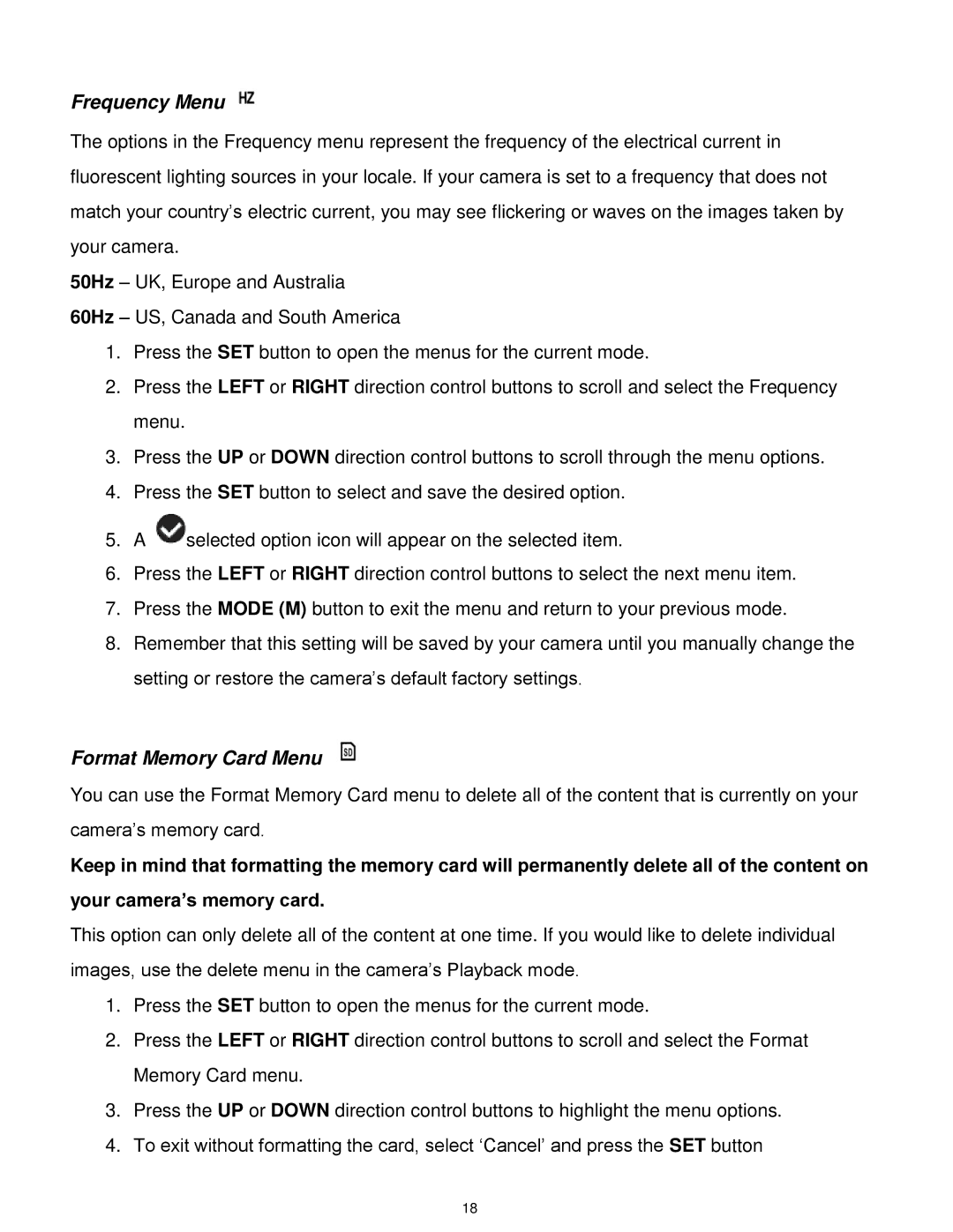 Vivitar DVR 610 user manual Frequency Menu, Format Memory Card Menu 