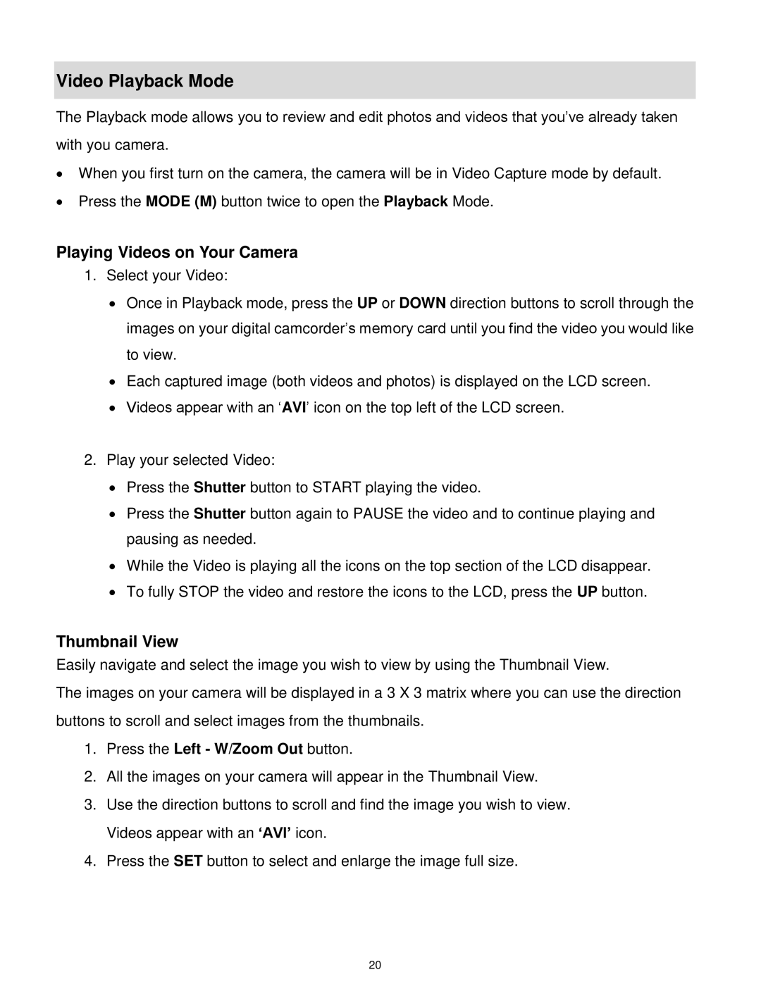 Vivitar DVR 610 user manual Video Playback Mode, Playing Videos on Your Camera, Thumbnail View 