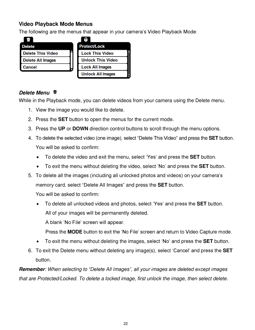 Vivitar DVR 610 user manual Video Playback Mode Menus, Delete Menu 