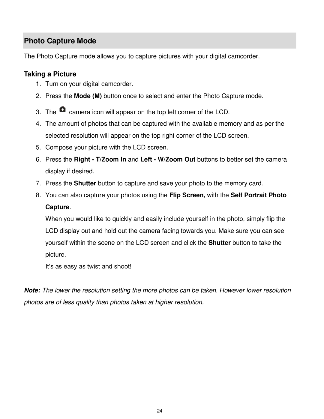 Vivitar DVR 610 user manual Photo Capture Mode, Taking a Picture 