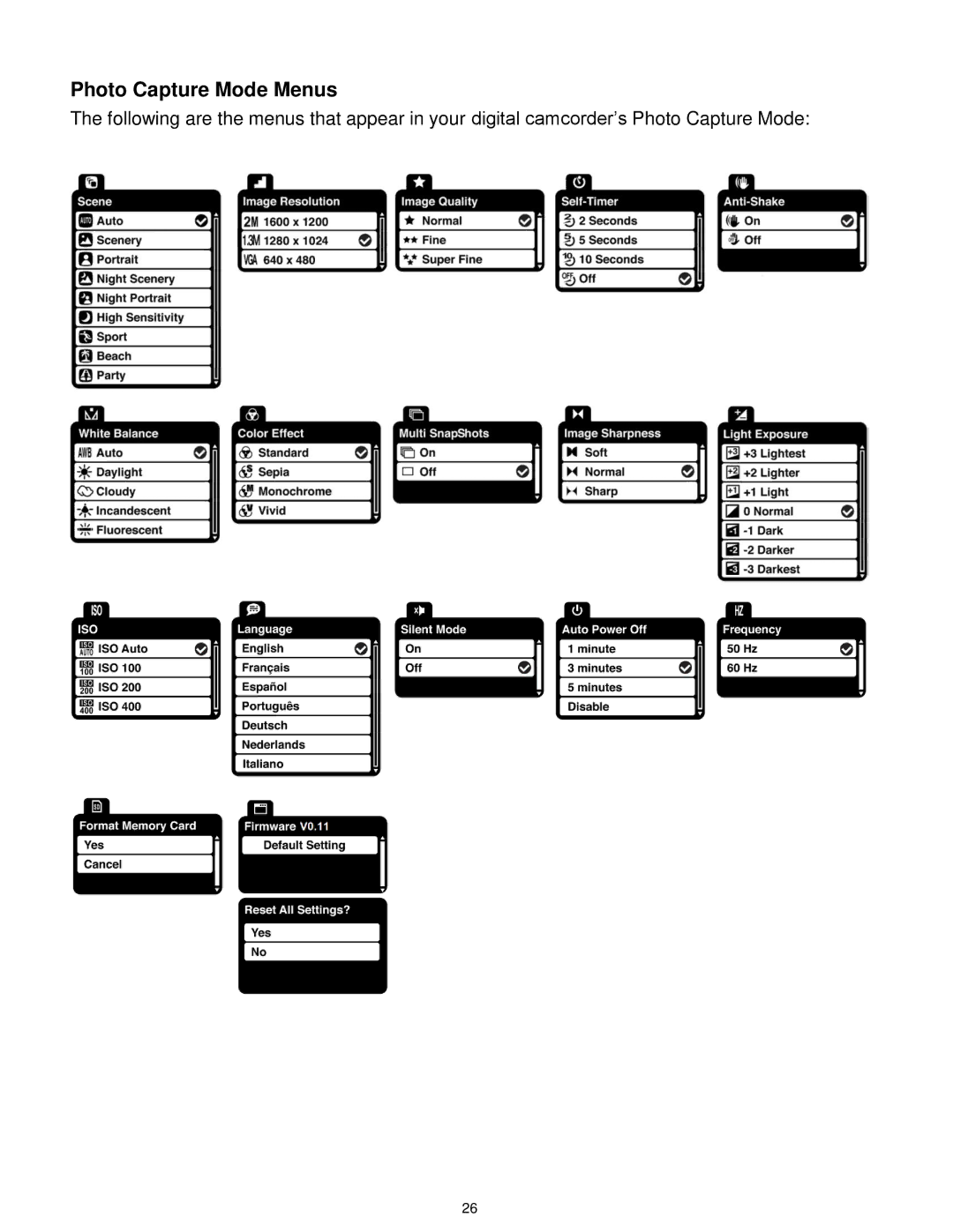 Vivitar DVR 610 user manual Photo Capture Mode Menus 