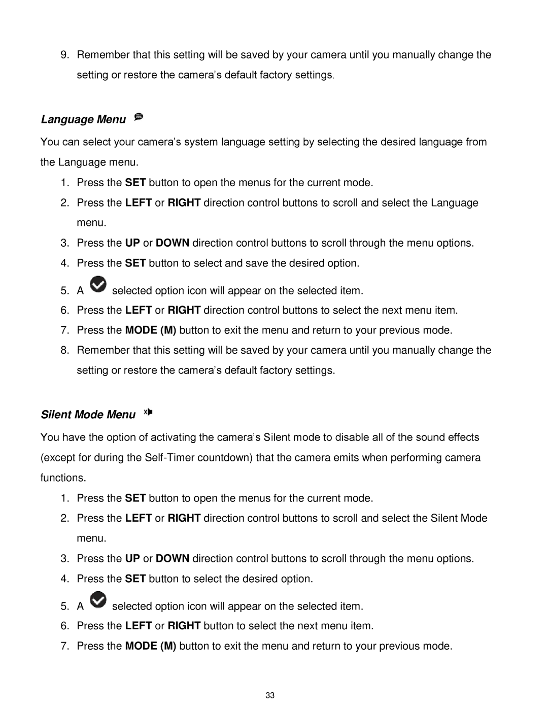 Vivitar DVR 610 user manual Language Menu, Silent Mode Menu 