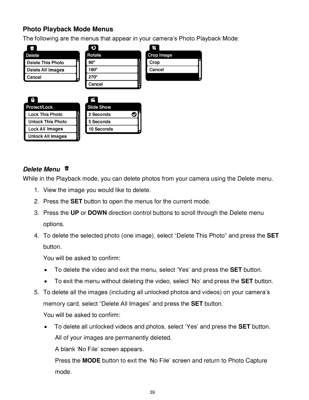 Vivitar DVR 610 user manual Photo Playback Mode Menus, Delete Menu 