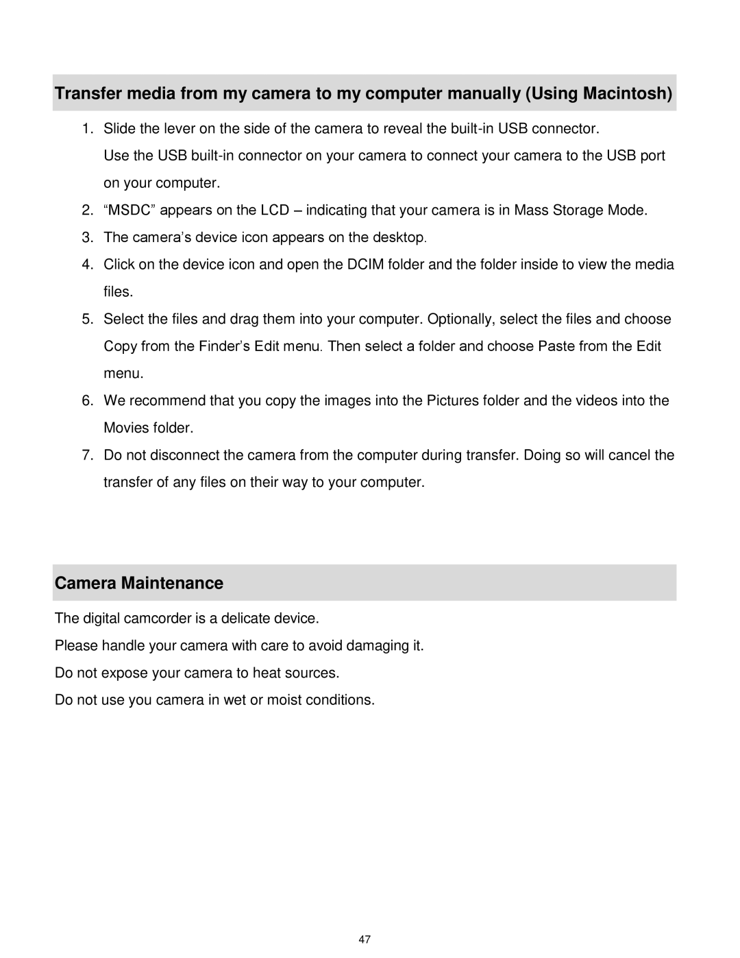 Vivitar DVR 610 user manual Camera Maintenance 