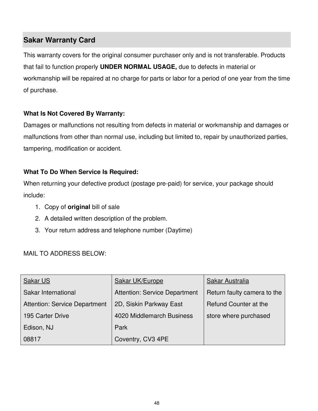 Vivitar DVR 610 user manual Sakar Warranty Card, What Is Not Covered By Warranty 