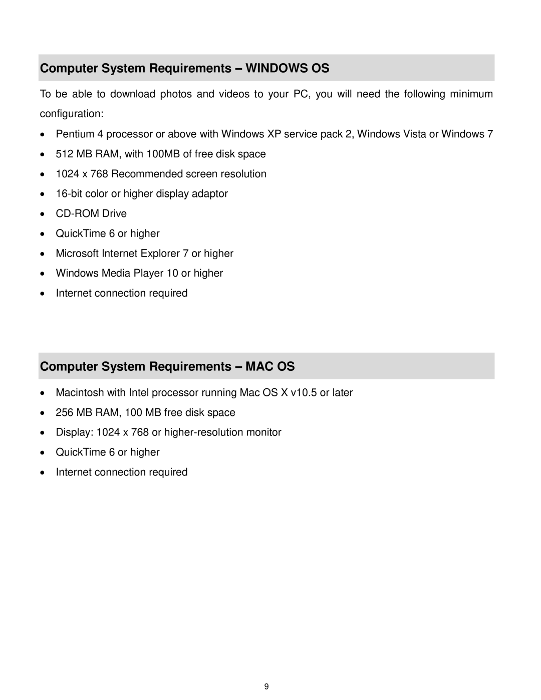 Vivitar DVR 805HD user manual Computer System Requirements Windows OS, Computer System Requirements MAC OS 