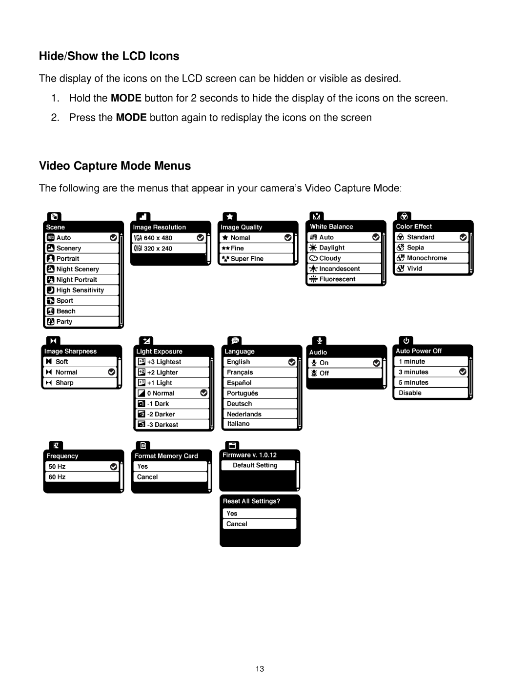 Vivitar DVR 805HD user manual Hide/Show the LCD Icons, Video Capture Mode Menus 