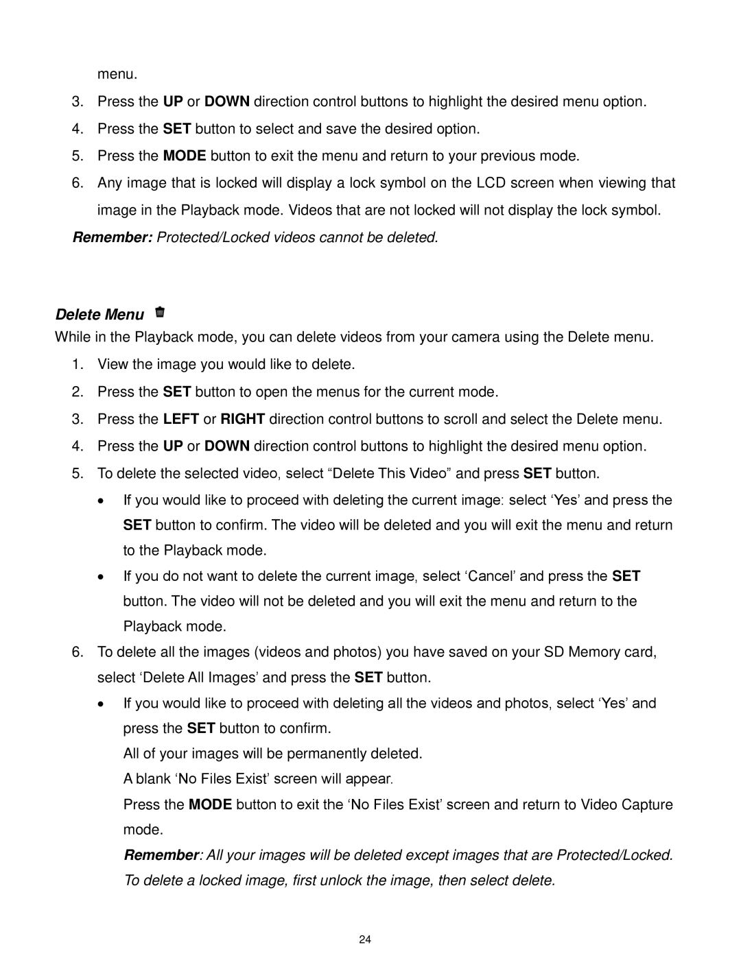 Vivitar DVR 805HD user manual Delete Menu 