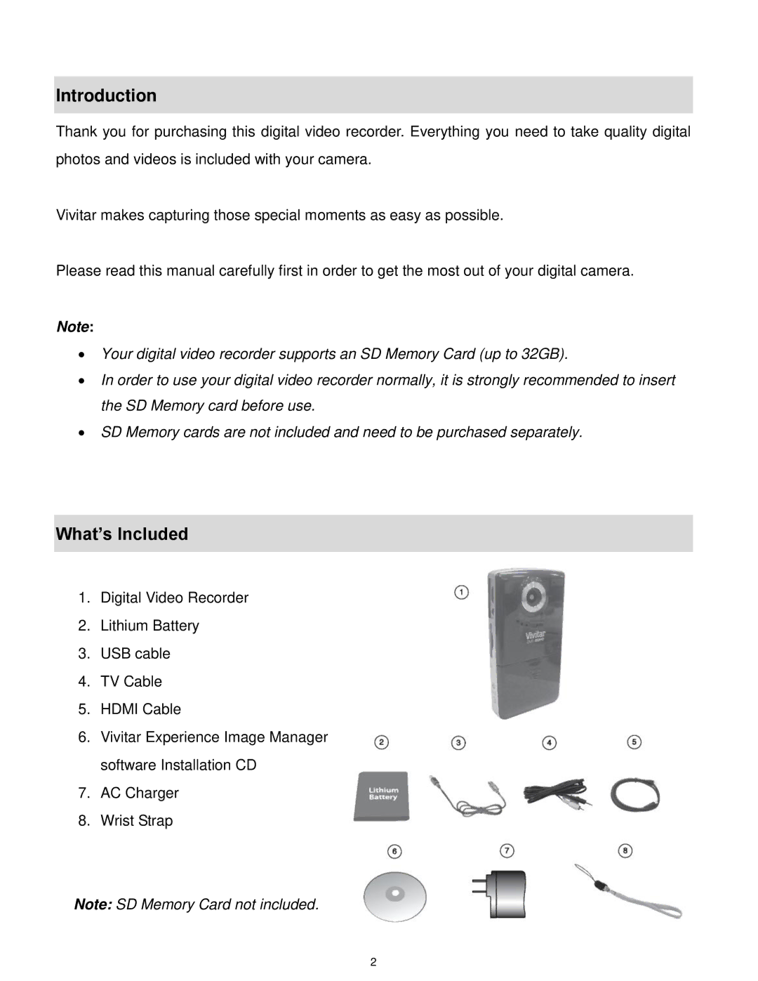 Vivitar DVR 805HD user manual Introduction, What’s Included 