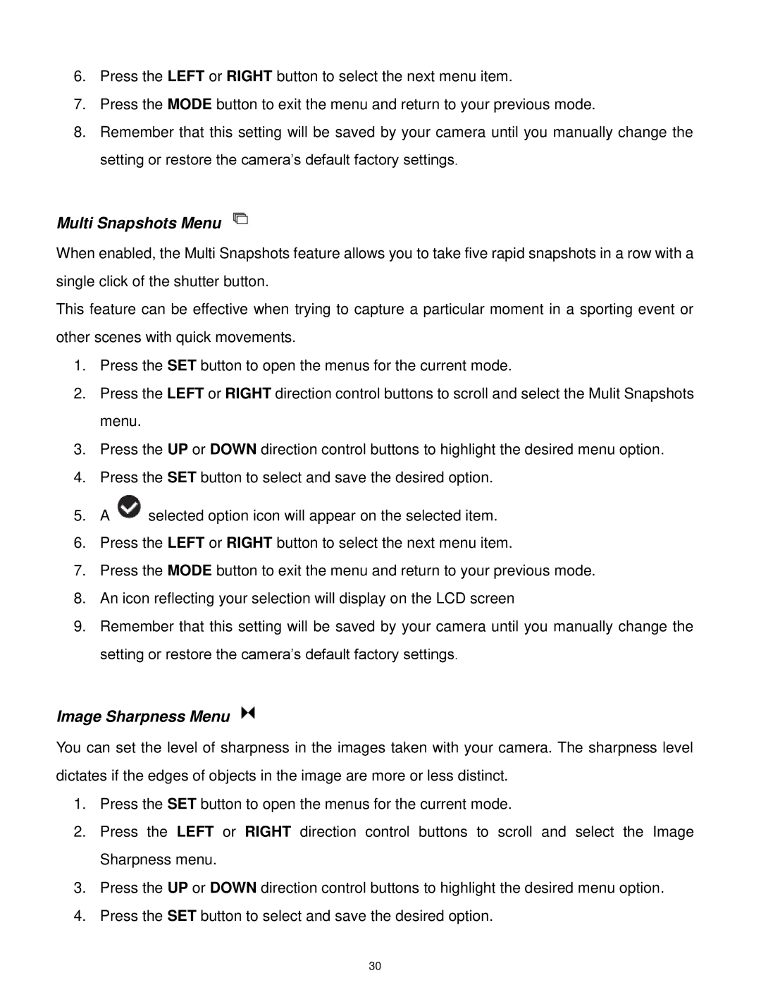 Vivitar DVR 805HD user manual Multi Snapshots Menu, Image Sharpness Menu 