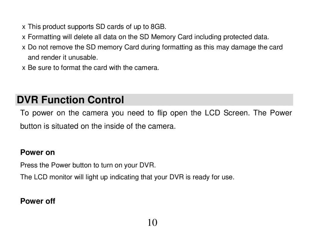 Vivitar DVR 810HD user manual DVR Function Control, Power on, Power off 