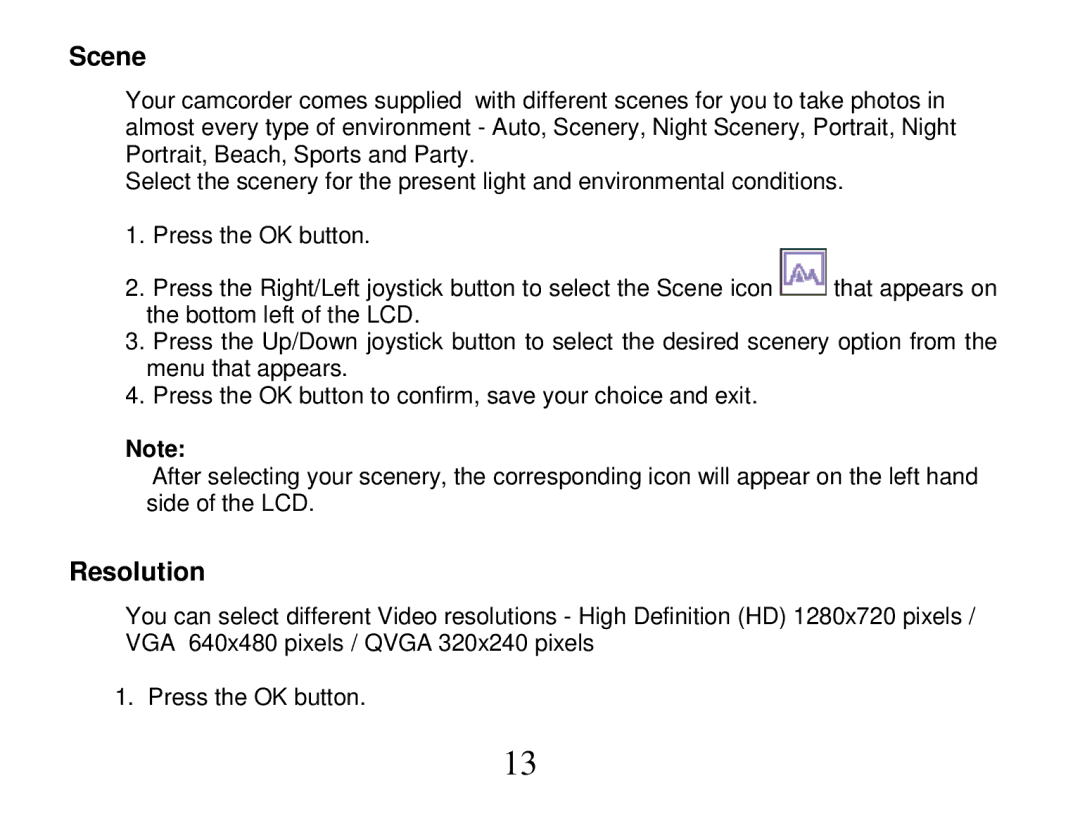 Vivitar DVR 810HD user manual Scene, Resolution 