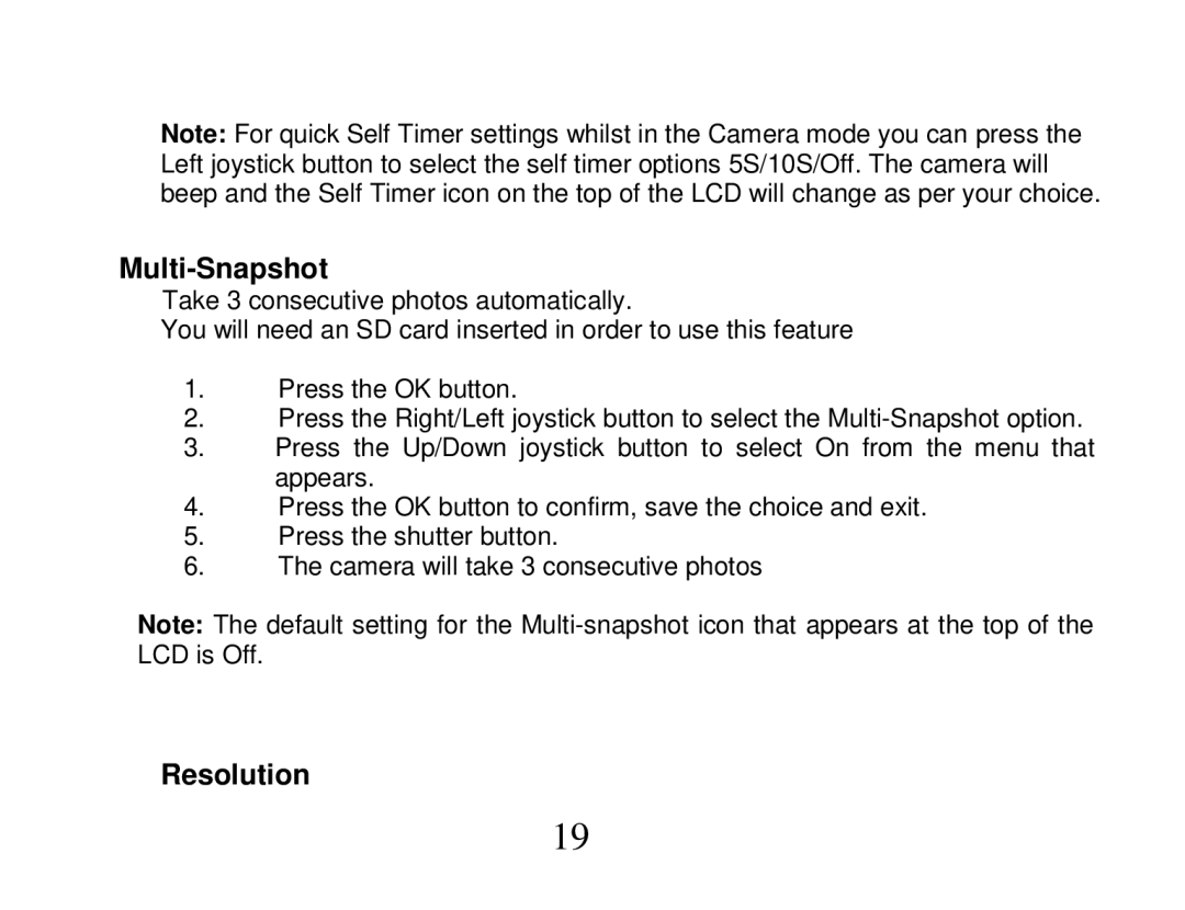 Vivitar DVR 810HD user manual Multi-Snapshot, Resolution 