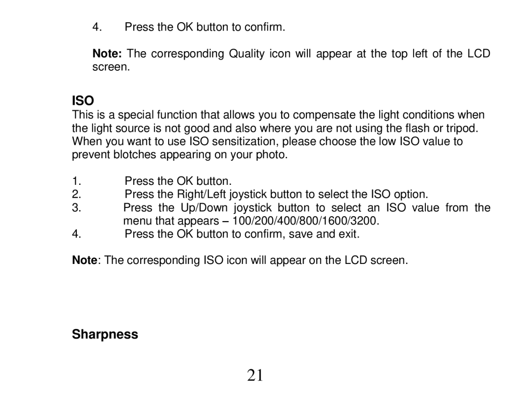 Vivitar DVR 810HD user manual Iso, Sharpness 