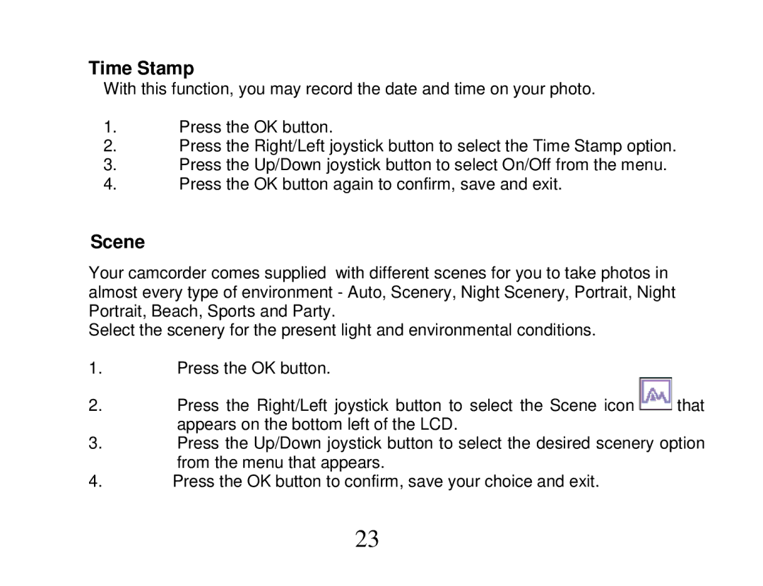 Vivitar DVR 810HD user manual Time Stamp, Scene 