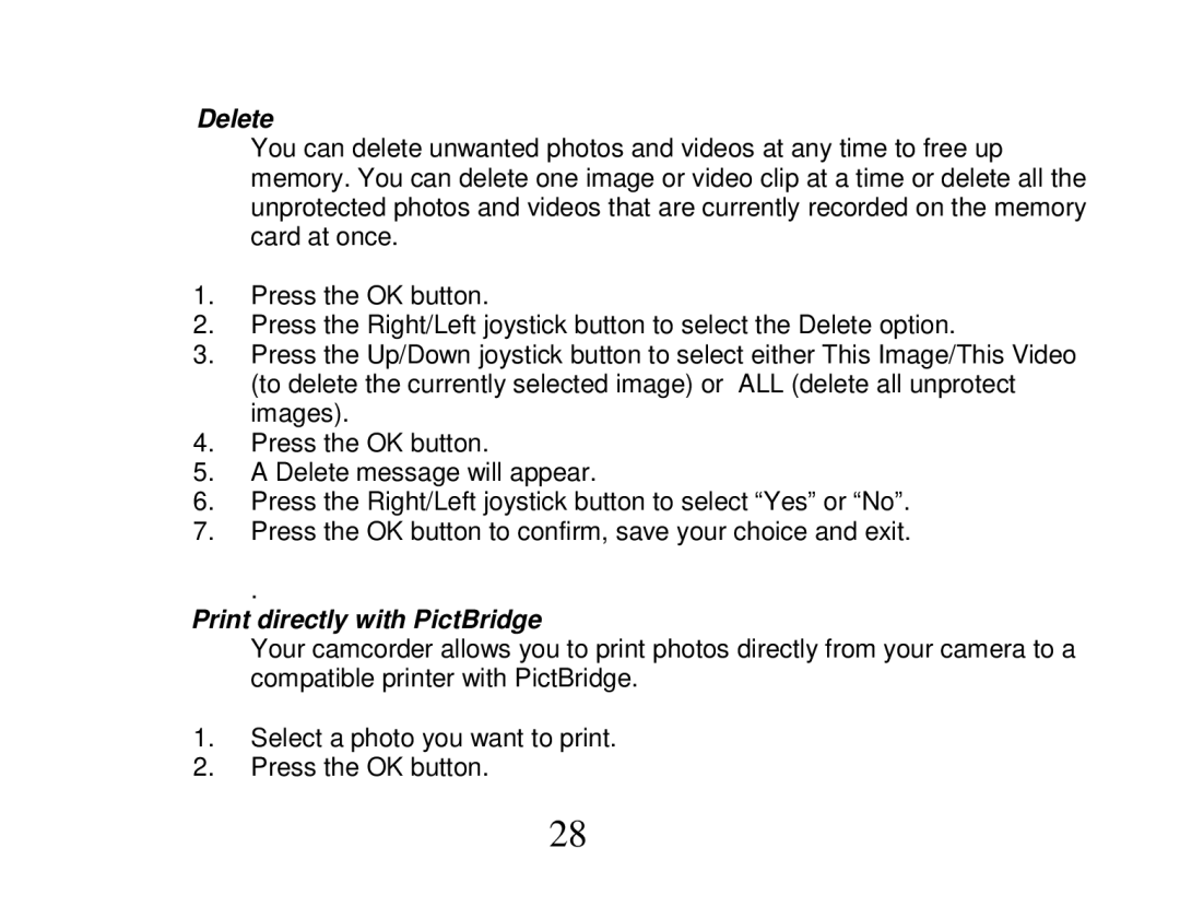 Vivitar DVR 810HD user manual Delete, Print directly with PictBridge 