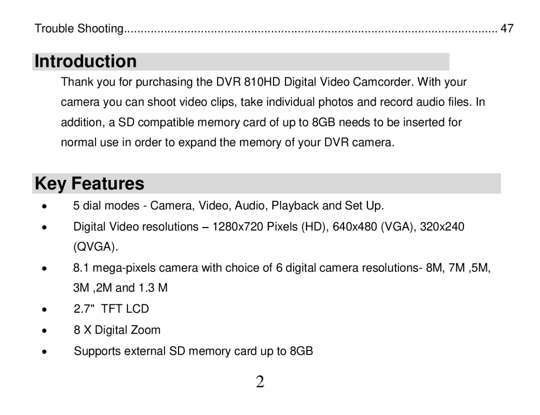 Vivitar DVR 810HD user manual Introduction, Key Features 