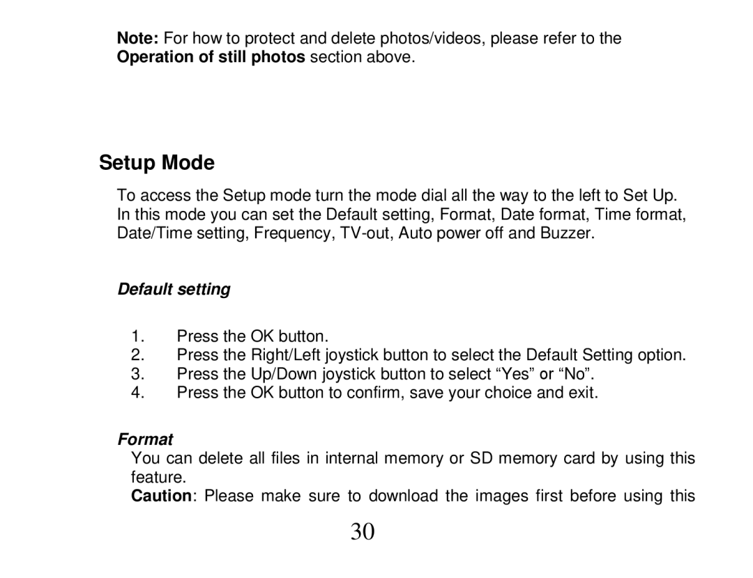 Vivitar DVR 810HD user manual Default setting, Format 