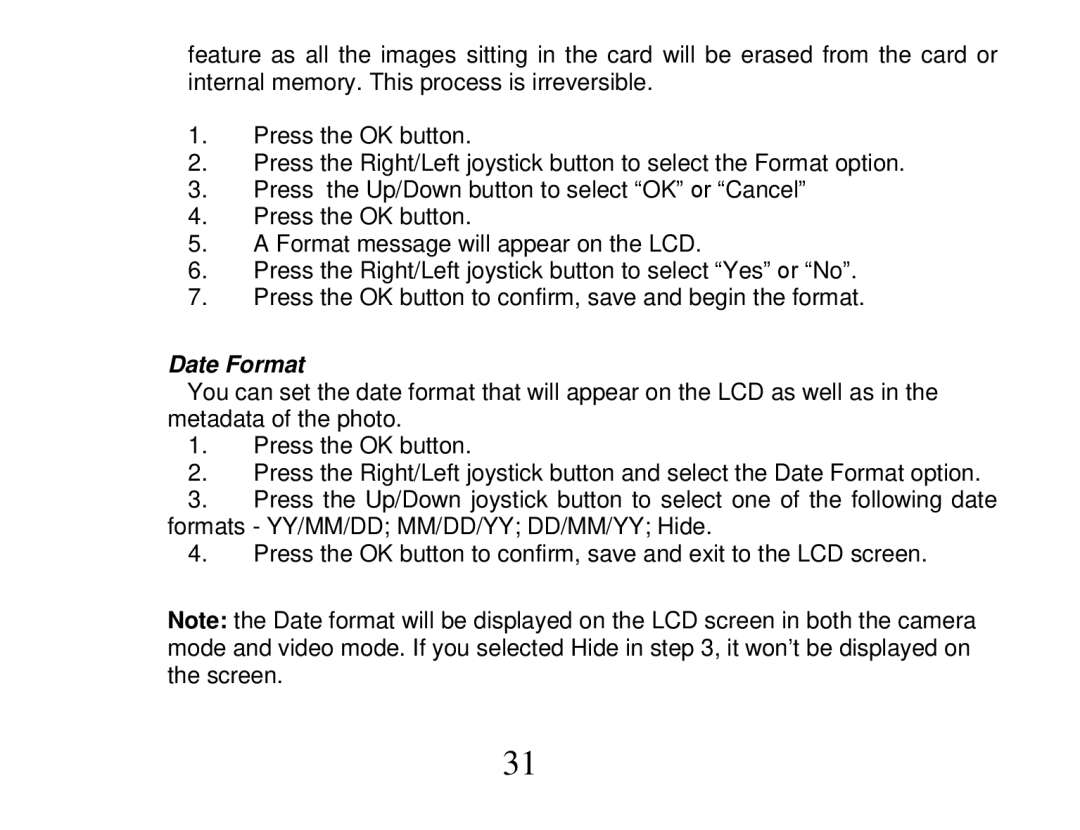 Vivitar DVR 810HD user manual Date Format 