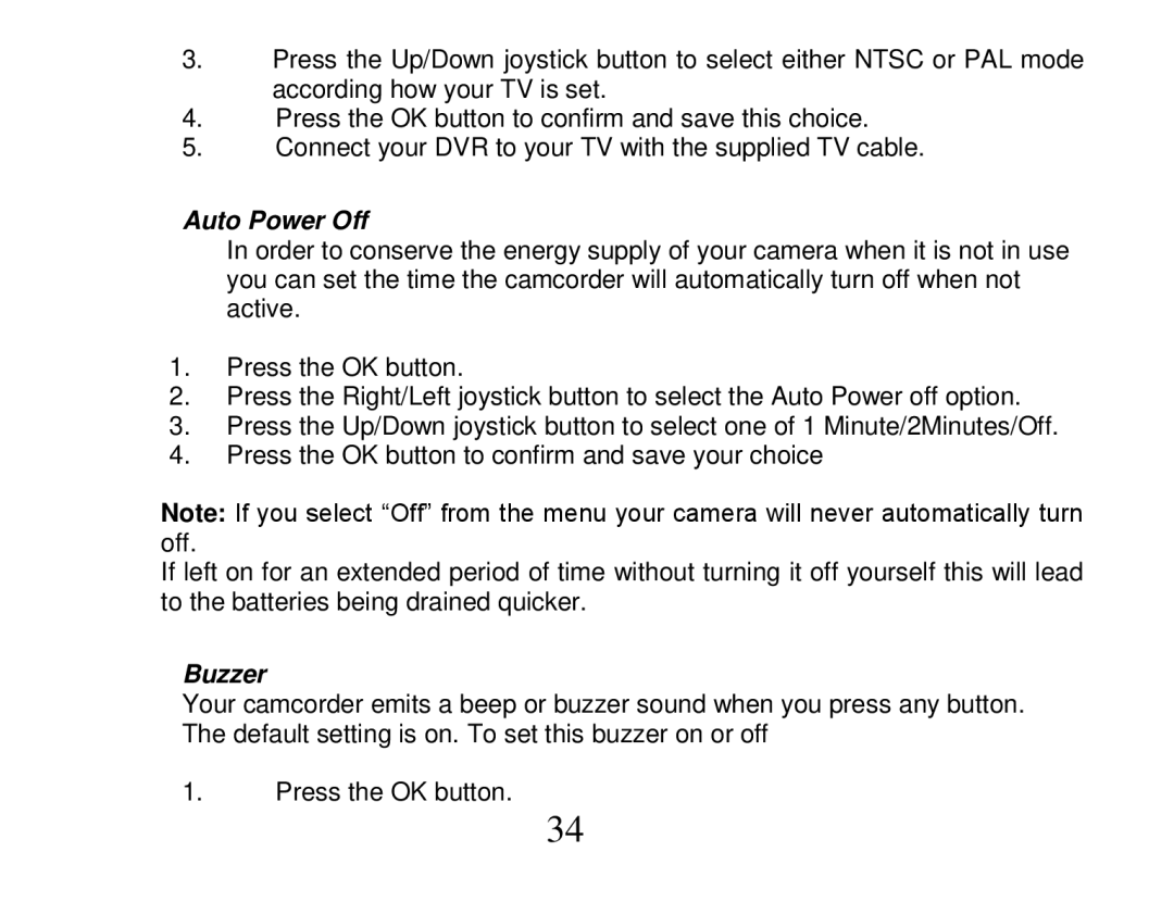 Vivitar DVR 810HD user manual Auto Power Off, Buzzer 