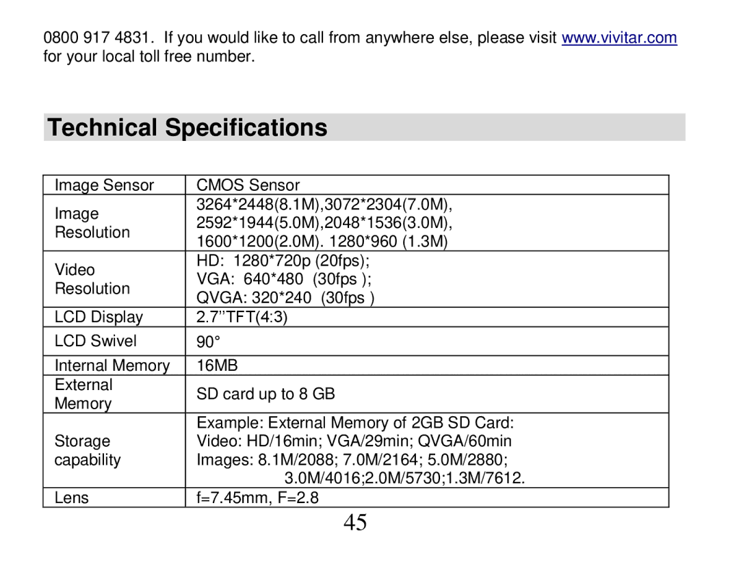 Vivitar DVR 810HD user manual Technical Specifications 