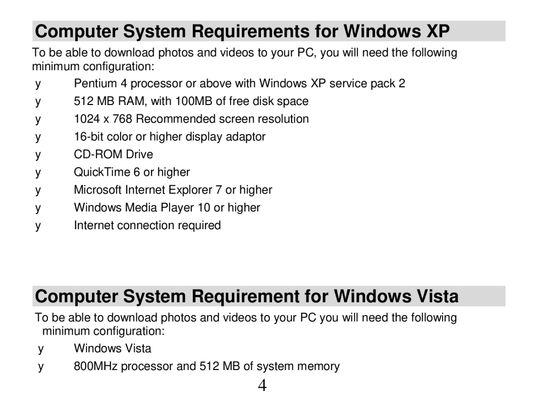 Vivitar DVR 810HD user manual Computer System Requirements for Windows XP, Computer System Requirement for Windows Vista 