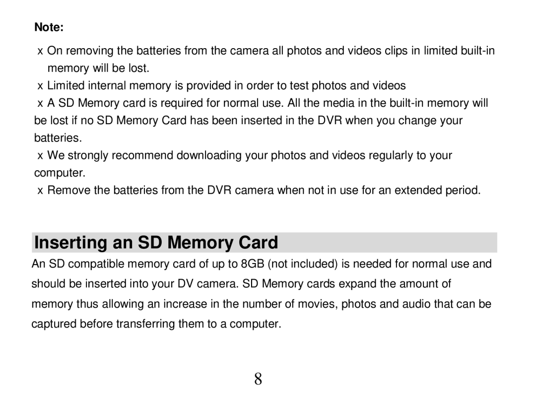 Vivitar DVR 810HD user manual Inserting an SD Memory Card 