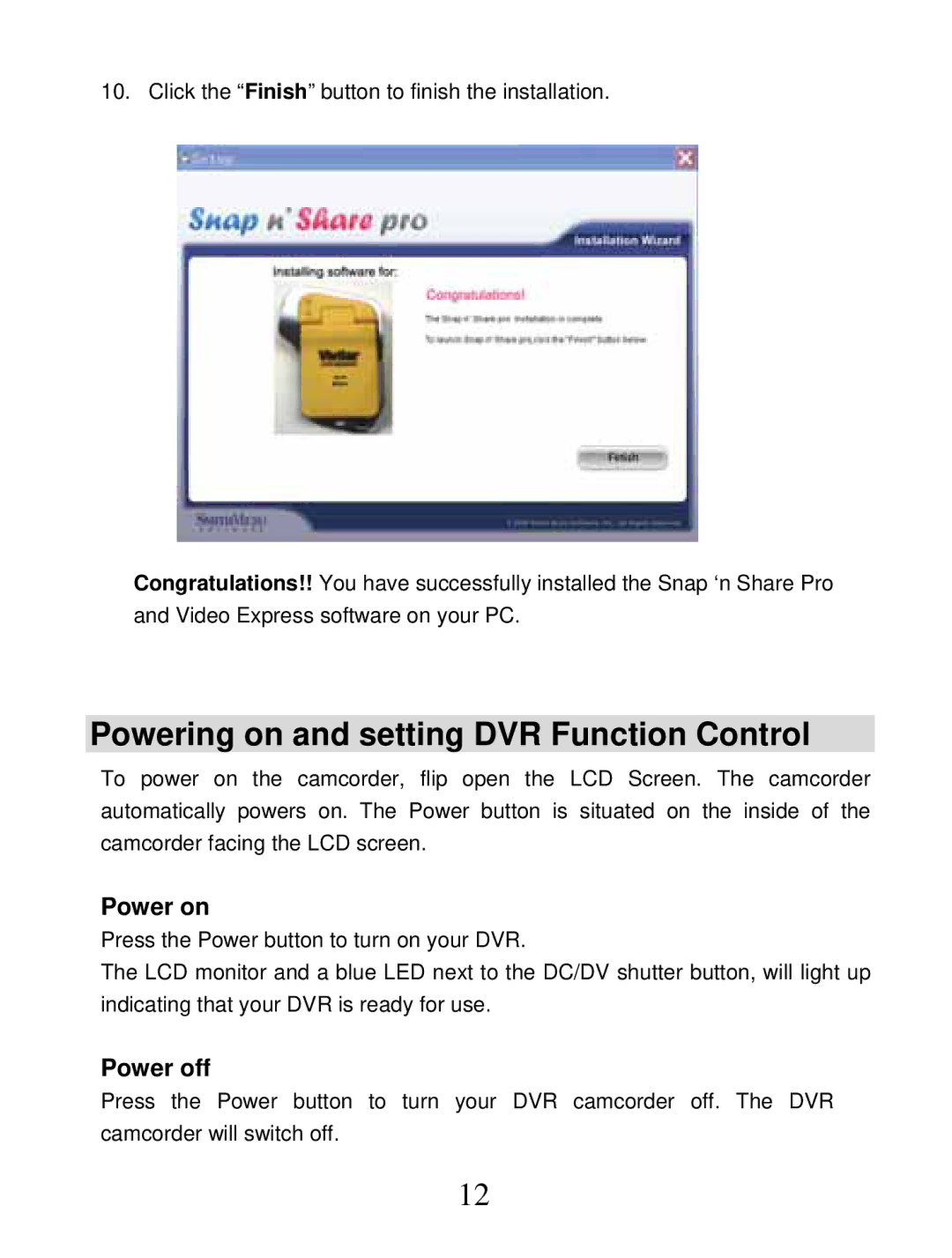 Vivitar DVR 850W owner manual Powering on and setting DVR Function Control, Power on, Power off 