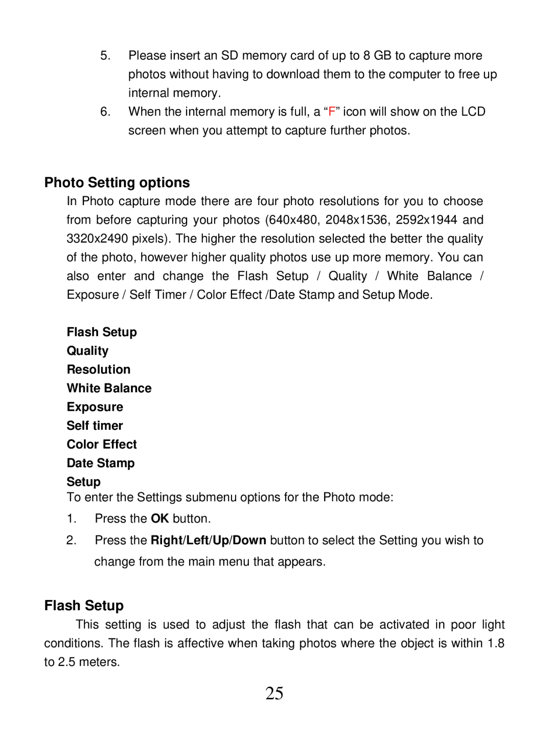 Vivitar DVR 850W owner manual Photo Setting options, Flash Setup 