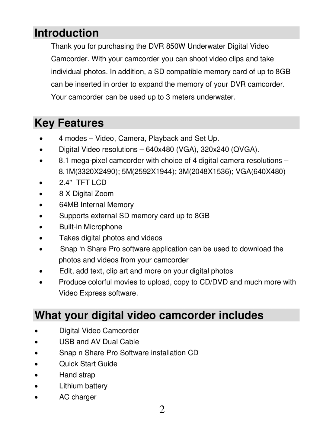 Vivitar DVR 850W owner manual Introduction, Key Features, What your digital video camcorder includes 