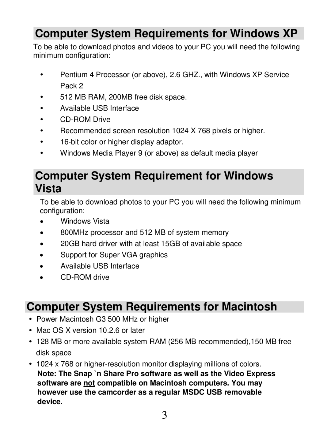 Vivitar DVR 850W owner manual Computer System Requirements for Windows XP, Computer System Requirement for Windows Vista 