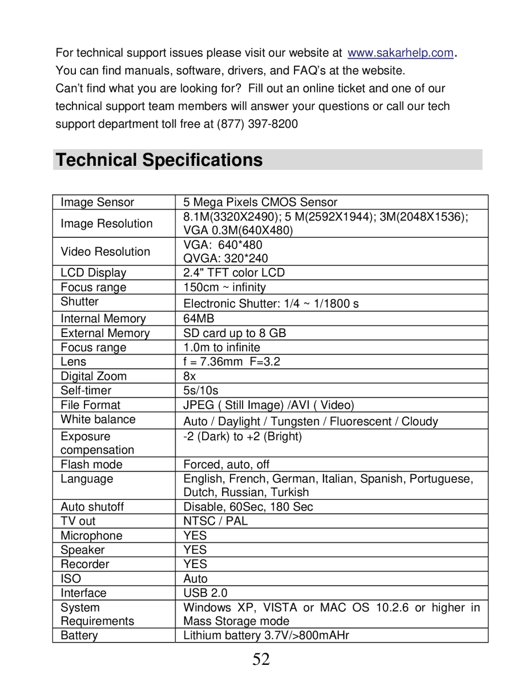 Vivitar DVR 850W owner manual Technical Specifications, Iso 